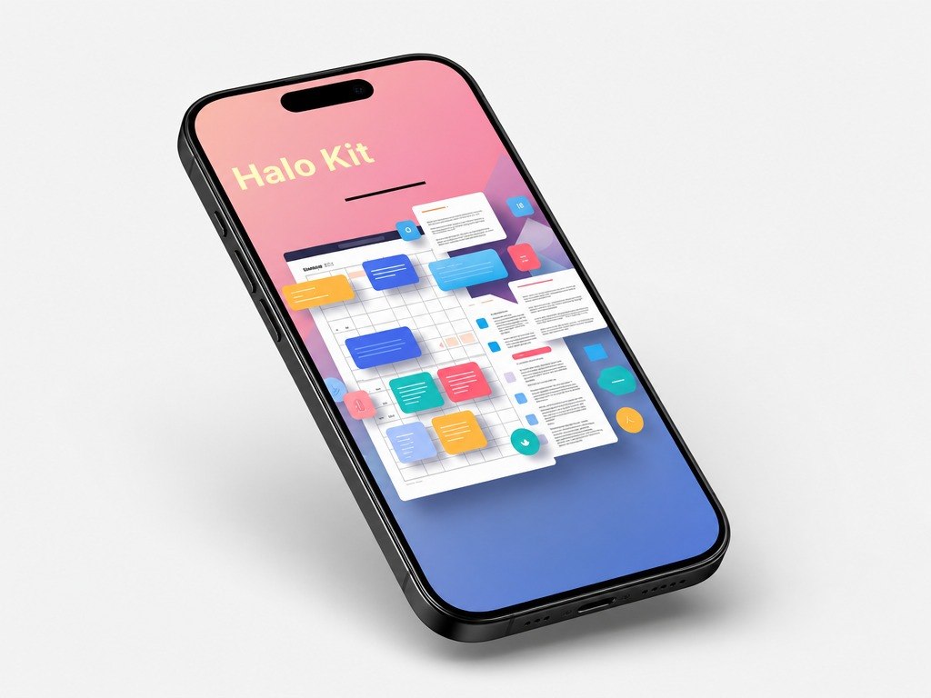 Smartphone displaying a colorful interface with 'Halo Kit' branding on a light gray background
