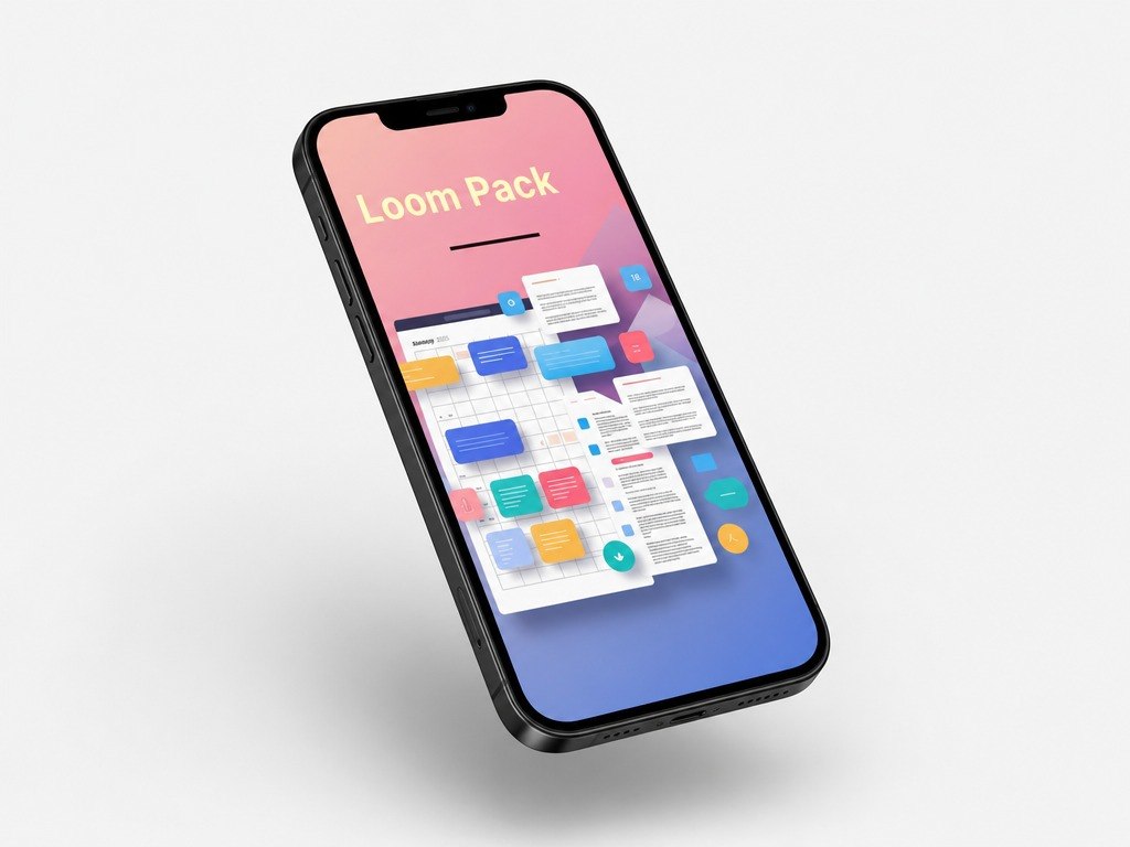 Phone displaying a colorful app interface with 'Loom Pack' on a light gray background