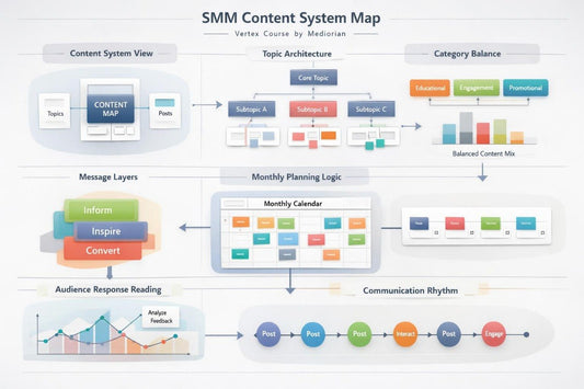 SMM Content System Map diagram with various components and flowcharts.