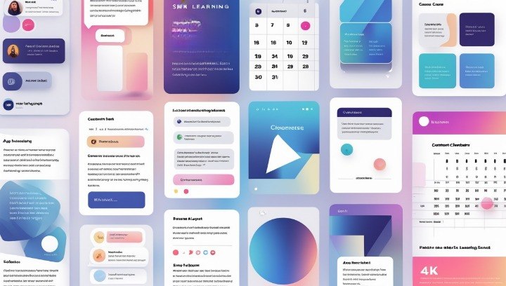 Collection of colorful UI elements and app screens on a gradient background