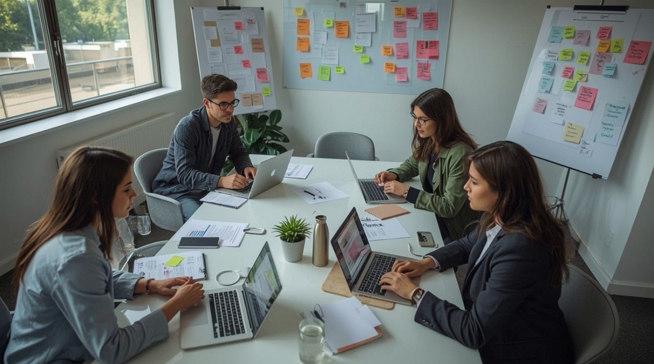 Group of people working together in a meeting room with laptops and notes.