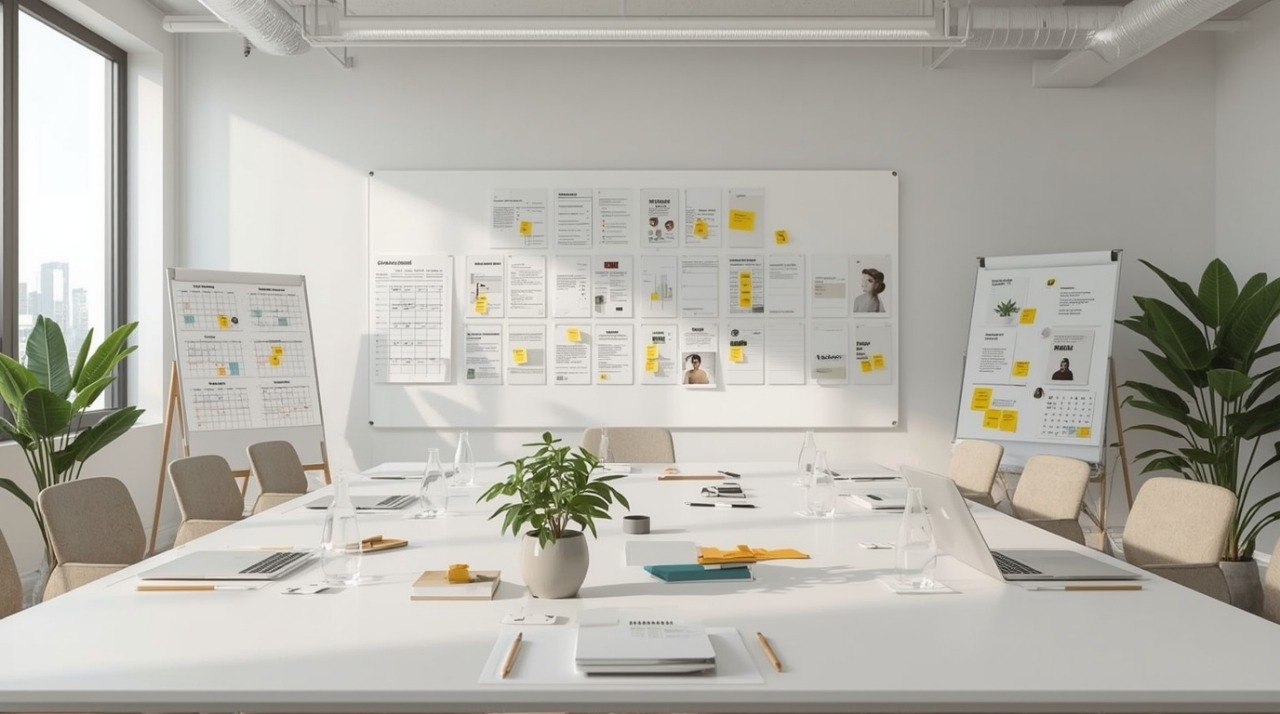 Modern conference room with whiteboard and digital displays, plants, and chairs.