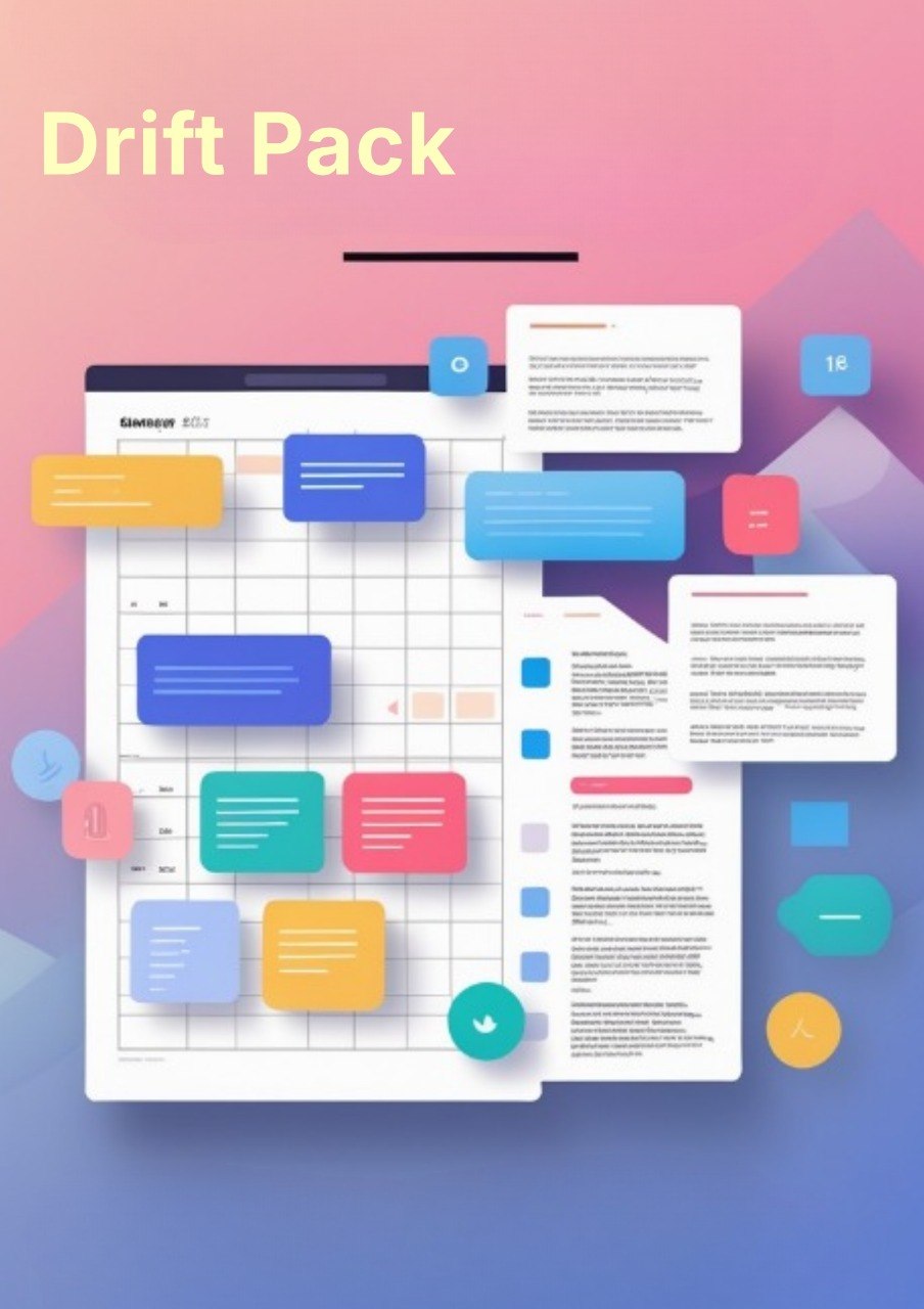 Colorful interface elements on a gradient background with 'Drift Pack' text.