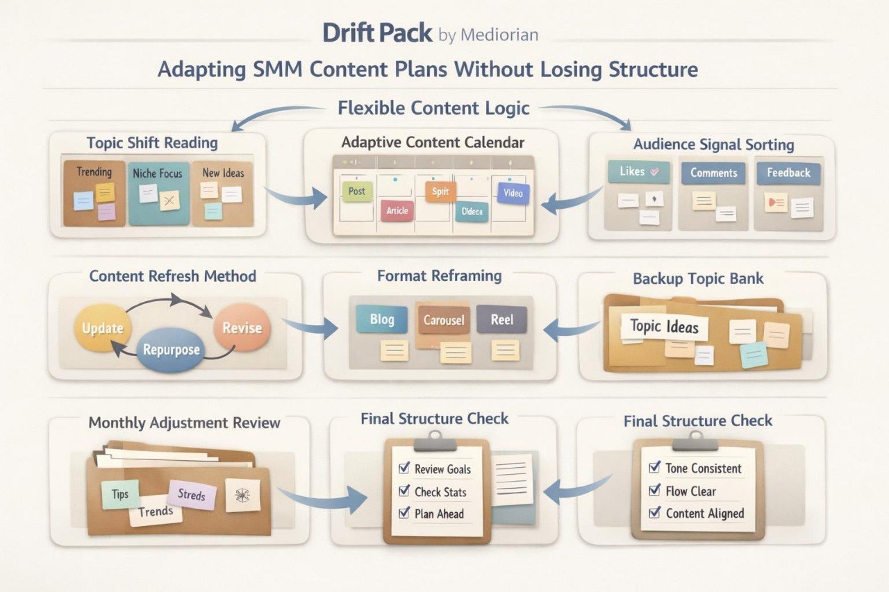 Diagram of Drift Pack by Mediorian for adapting SMM content plans with various steps.