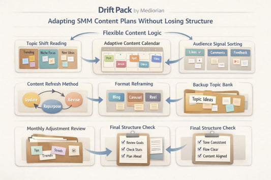 Diagram of Drift Pack by Mediorian for adapting SMM content plans with various steps.