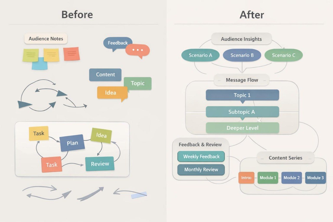 Before and after comparison of a content creation process flowchart.