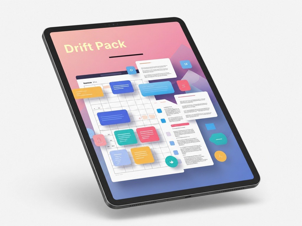 Tablet displaying a colorful interface with text and shapes on a white background