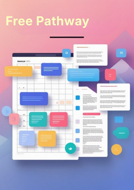 Colorful interface elements on a gradient background with 'Free Pathway' text.