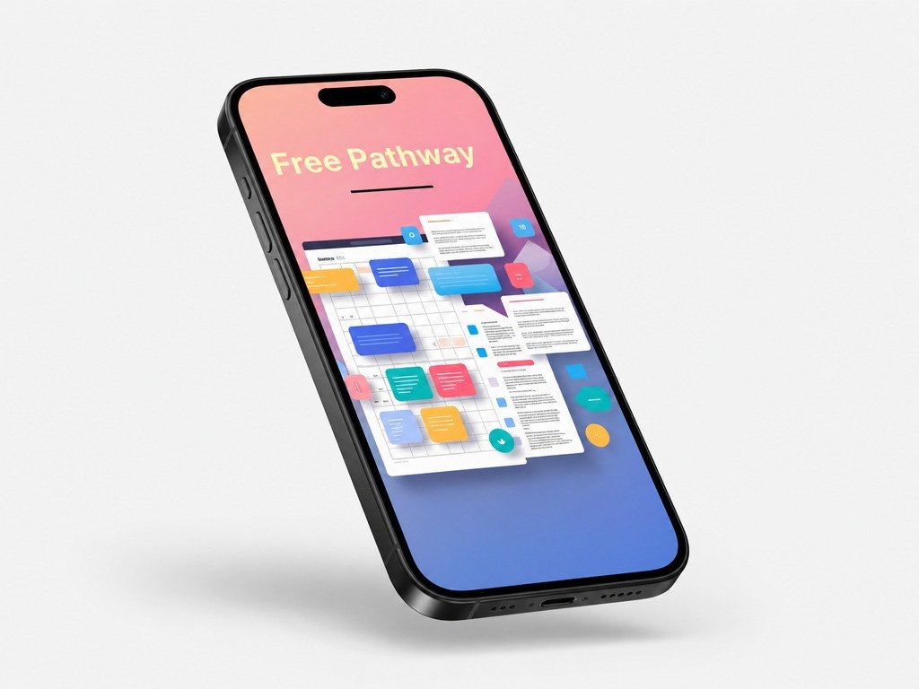 Smartphone displaying a colorful app interface with 'Free Pathway' text on a gradient background
