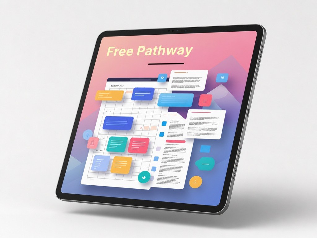 Tablet displaying a colorful interface with 'Free Pathway' text on a light gray background