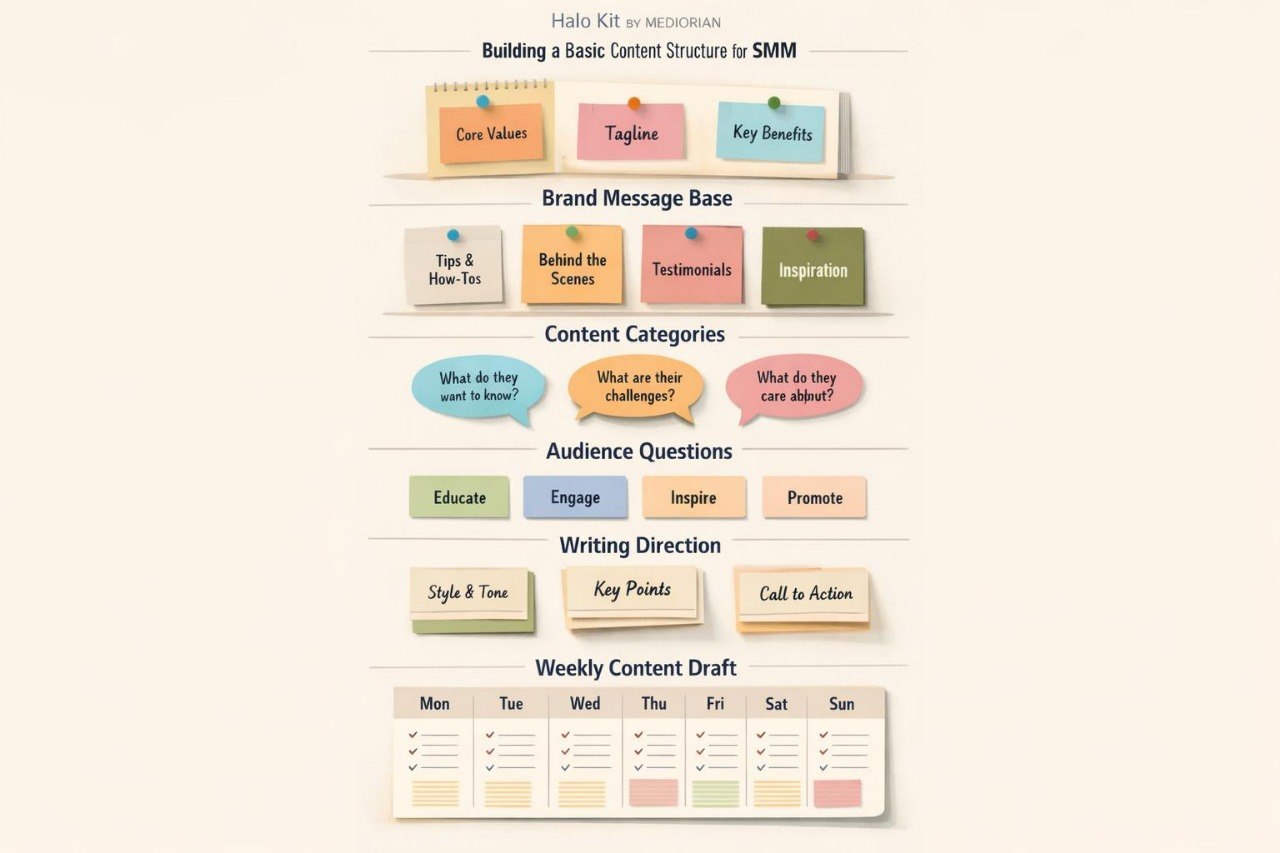 Flowchart titled 'Building a Basic Content Structure for SMM' with colorful sticky note-style boxes.