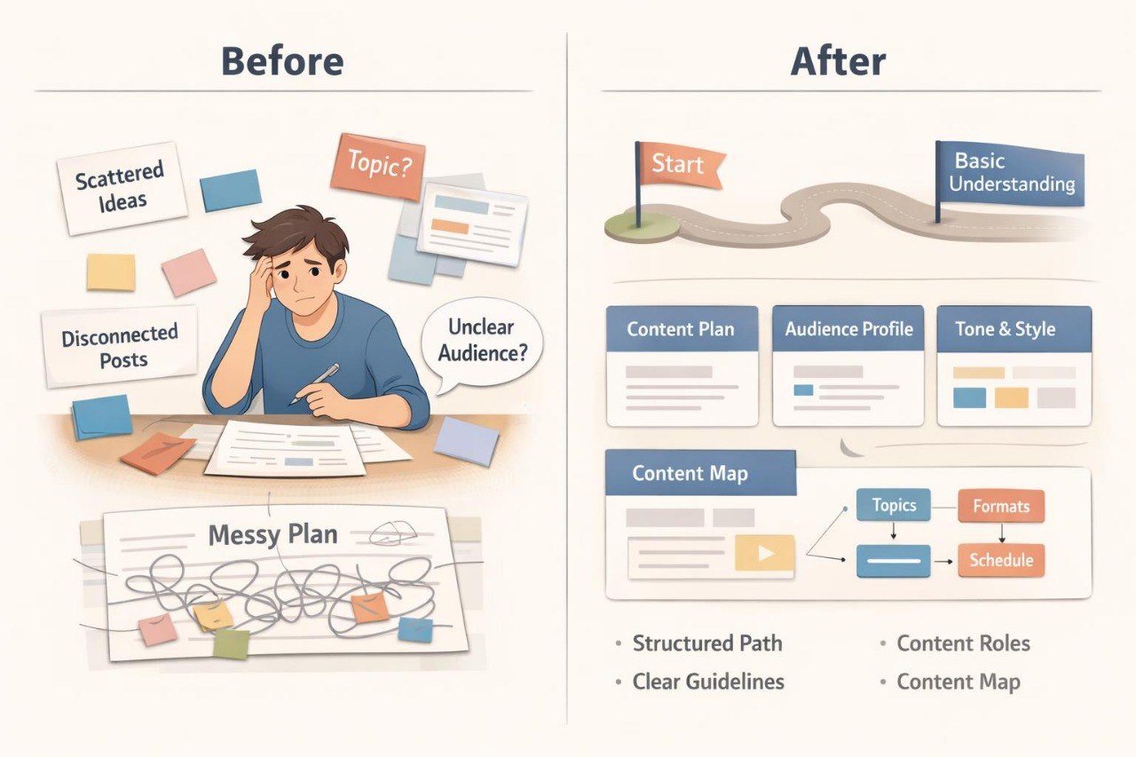 Comparison of a 'Before' and 'After' educational plan with a person and flowchart.