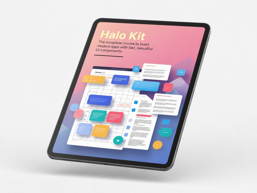Tablet displaying a colorful interface with 'Halo Kit' branding on a light gray background