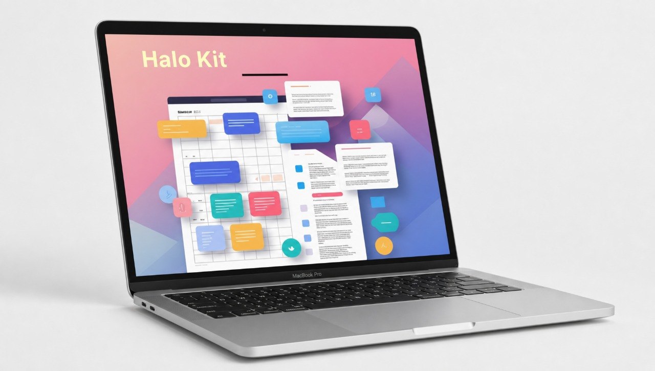 Laptop displaying a colorful interface with 'Halo Kit' branding on a light background