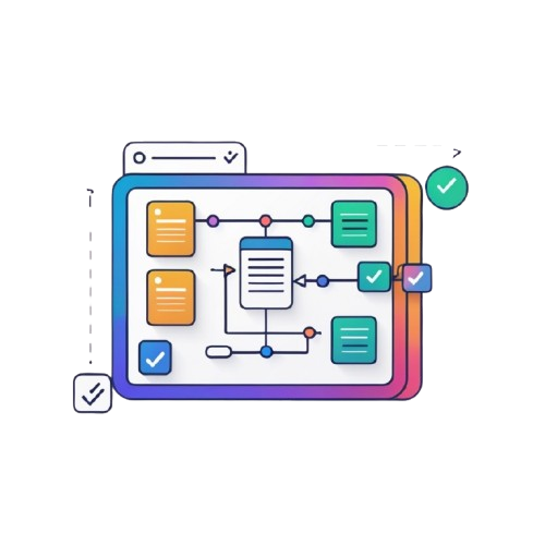 Colorful diagram of a process flow with icons and checkmarks on a white background
