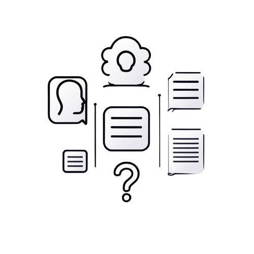 Set of icons including a face, flower, question mark, and text boxes on a white background