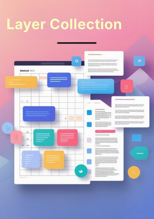 Collection of colorful interface elements on a gradient background with 'Layer Collection' text.