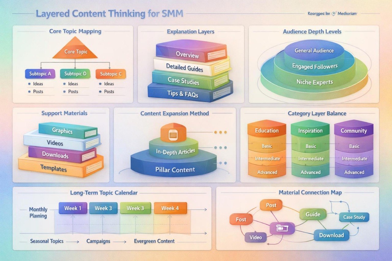 Diagram of layered content thinking for SMM with various components and levels.