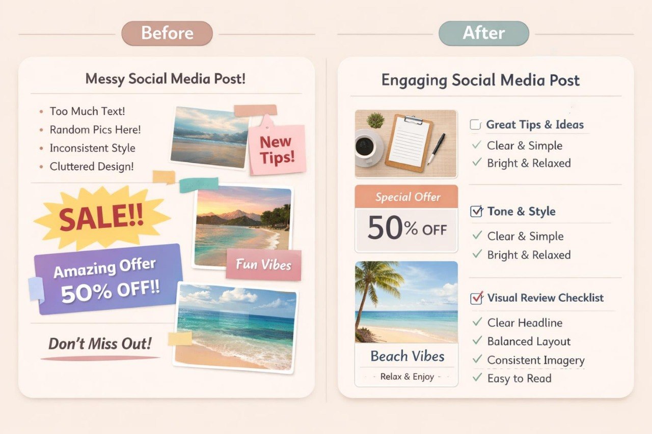 Comparison of a messy social media post before and an engaging one after with text and visual elements.