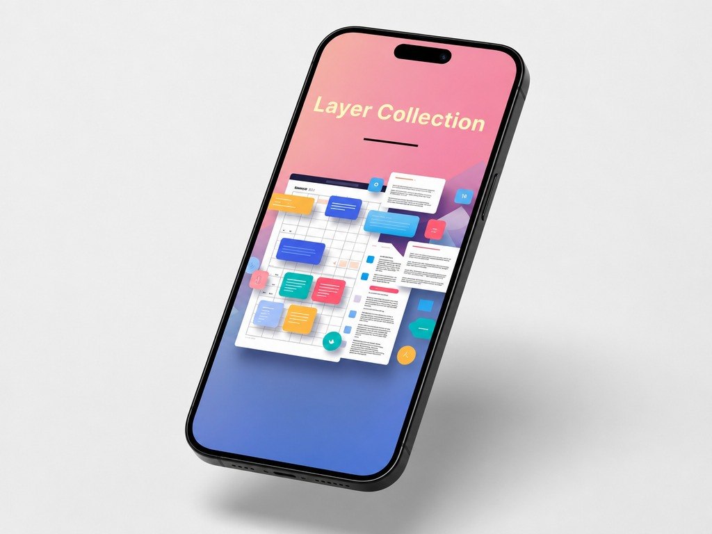 Phone displaying a 'Layer Collection' interface with colorful icons on a gradient background