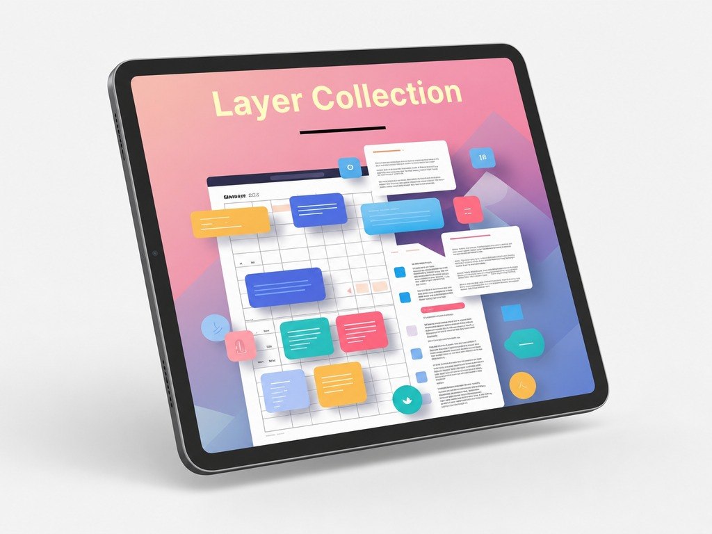 Tablet displaying a 'Layer Collection' with colorful interface elements on a gradient background