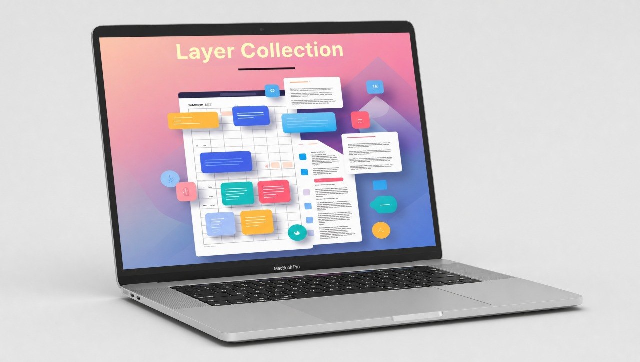 Laptop displaying a 'Layer Collection' with colorful interface elements on a light gray background