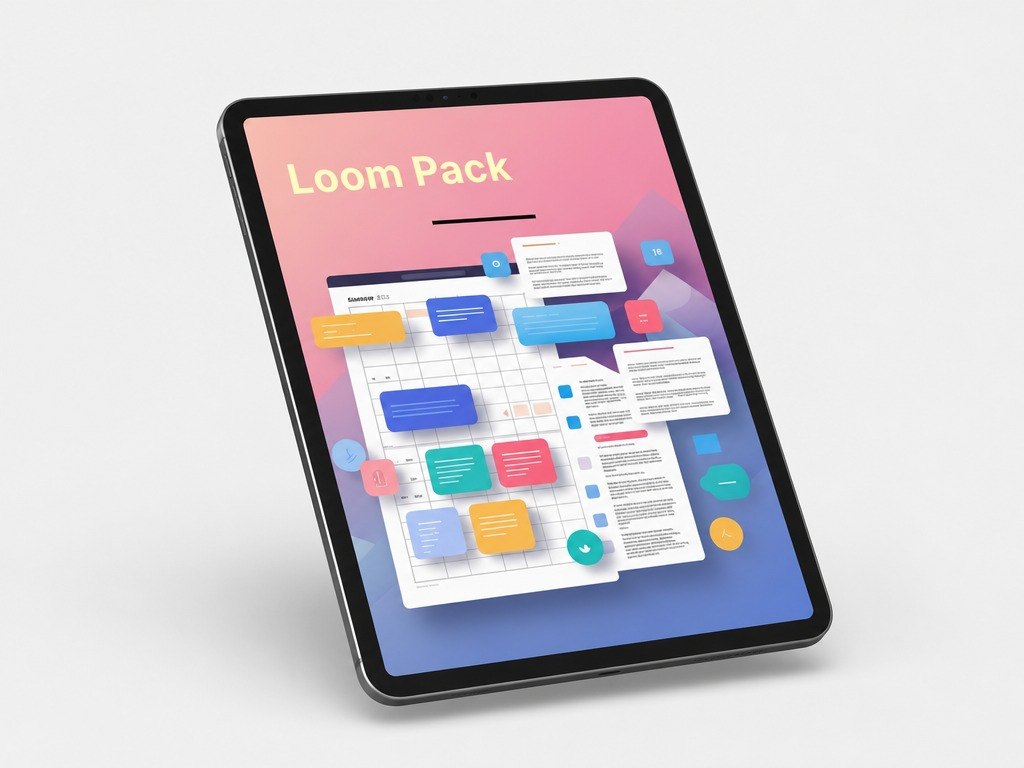 Tablet displaying a colorful interface with 'Loom Pack' on a light gray background