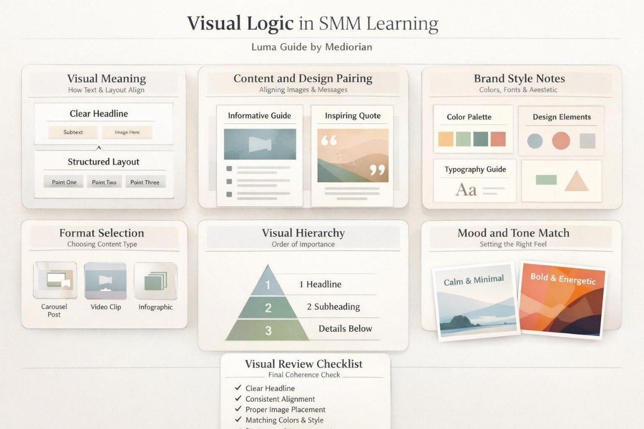 Luma Guide by Medianium for Visual Logic in SMM Learning with various design elements.
