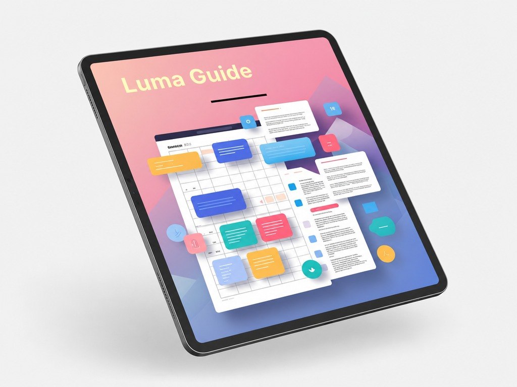Tablet displaying a colorful interface with 'Luma Guide' on a light gray background