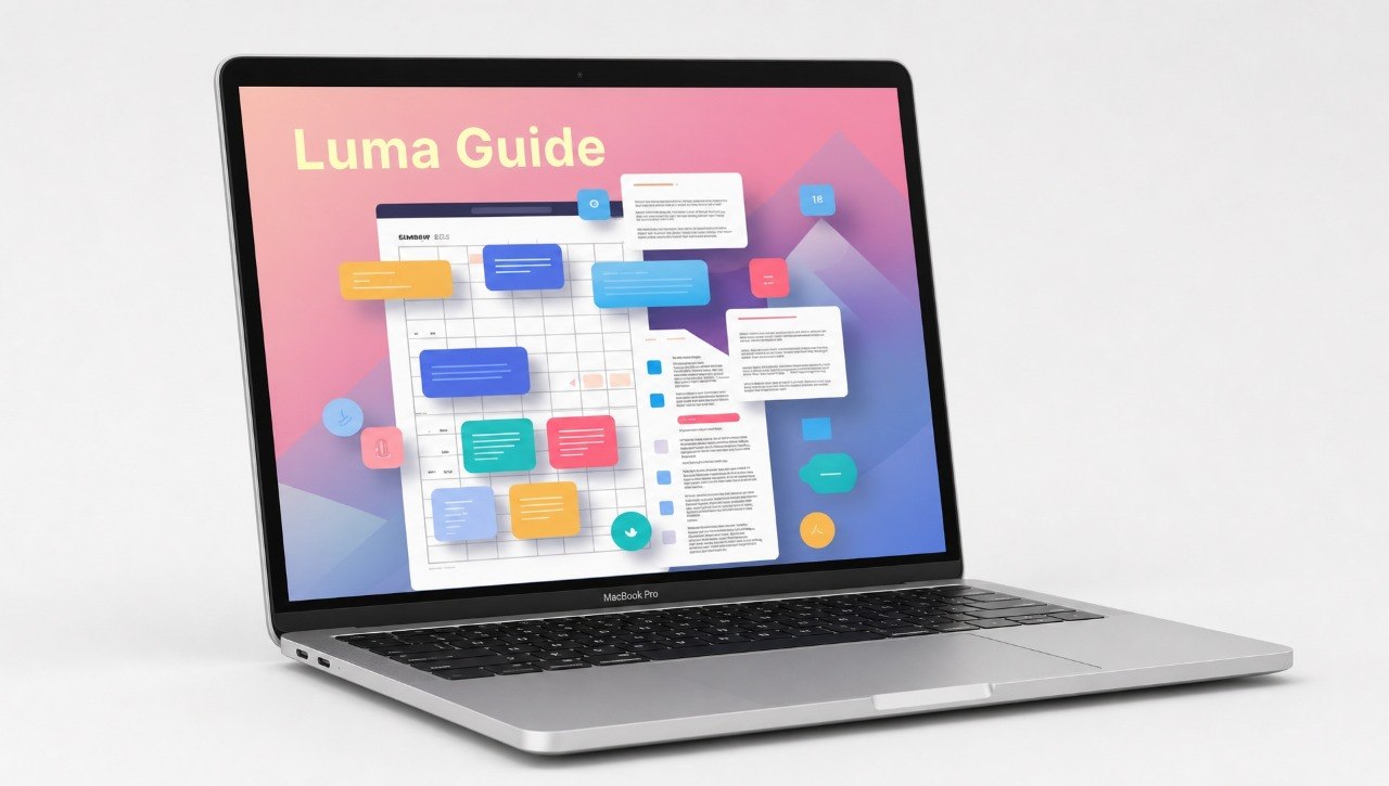 Laptop displaying a colorful interface with 'Luma Guide' on a light gray background