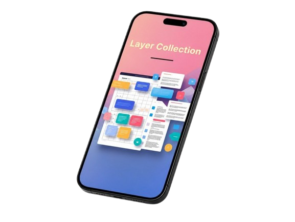Phone displaying a 'Layer Collection' with colorful icons on a gradient background