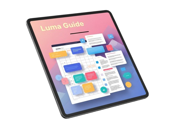 Tablet displaying a colorful interface with 'Luma Guide' branding on a white background