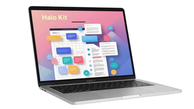 Laptop displaying a colorful interface with 'Halo Kit' branding on a white background