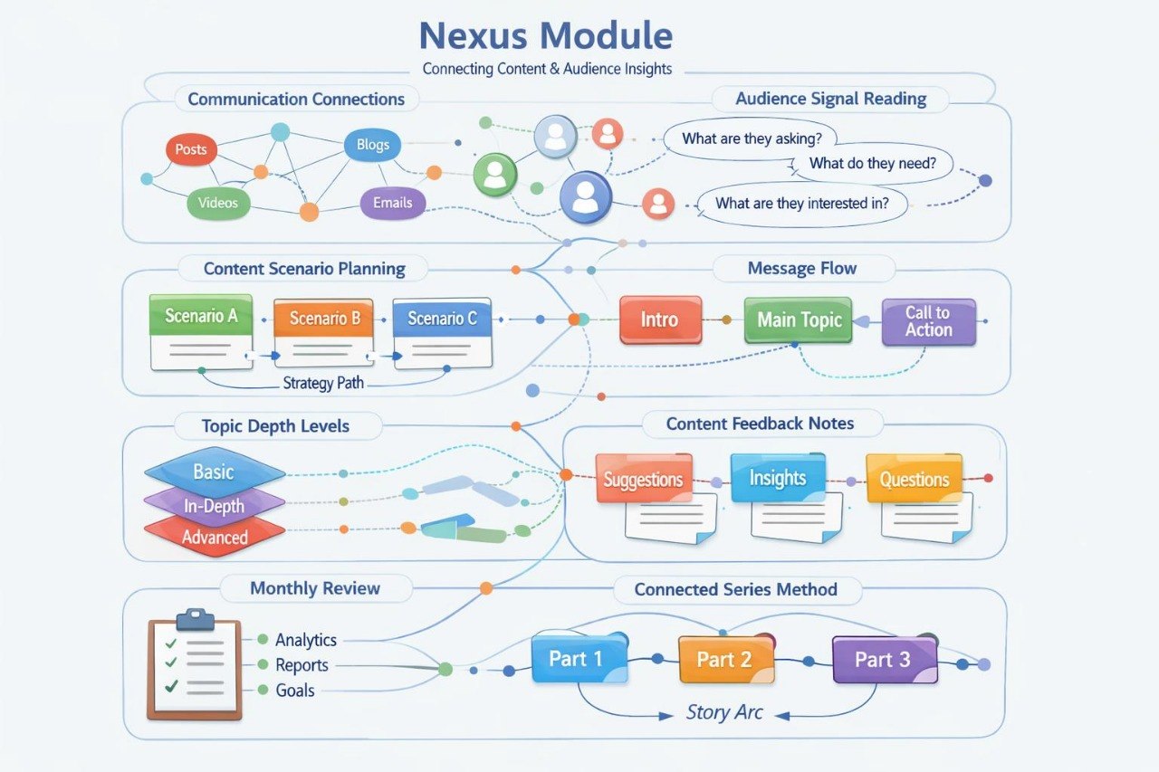Diagram of a Nexus Module with various components and flowcharts on a white background