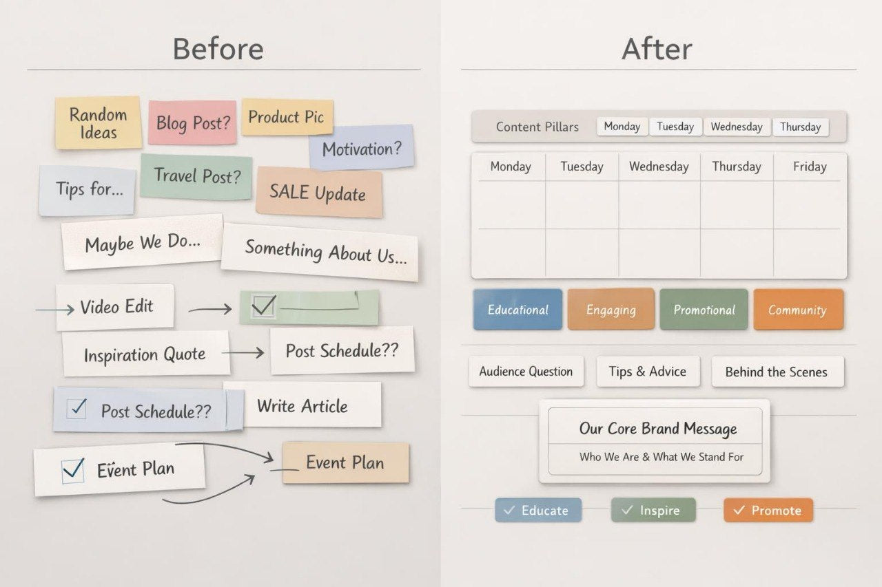 Comparison of a content creation process before and after using content pillars.