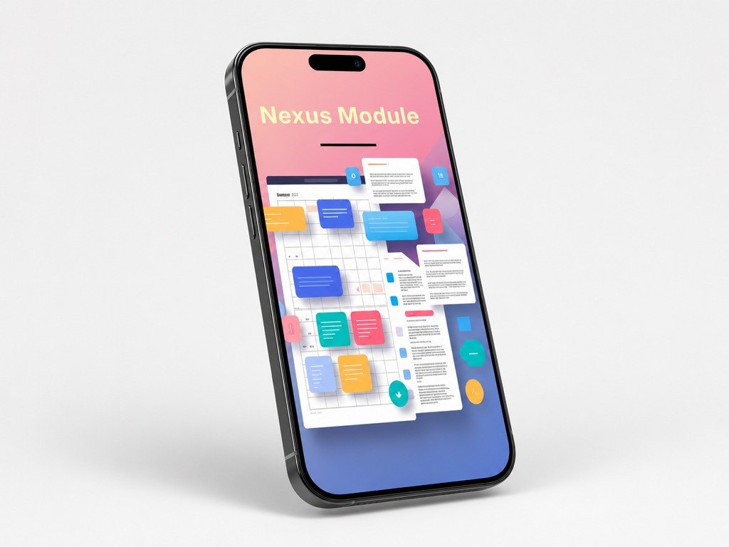 Phone displaying a colorful interface with 'Nexus Module' text on a light gray background