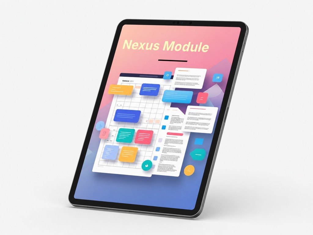 Tablet displaying a colorful interface with 'Nexus Module' text on a gradient background