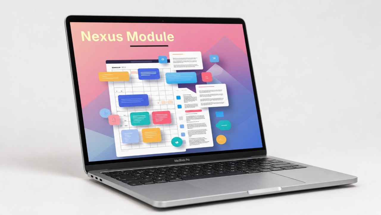 Laptop displaying a colorful interface with 'Nexus Module' text on a white background