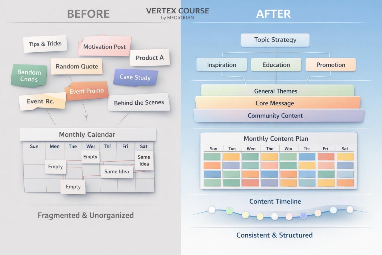 Comparison of fragmented content planning before and after using Vertex Course, with colorful sticky notes and a monthly content plan.