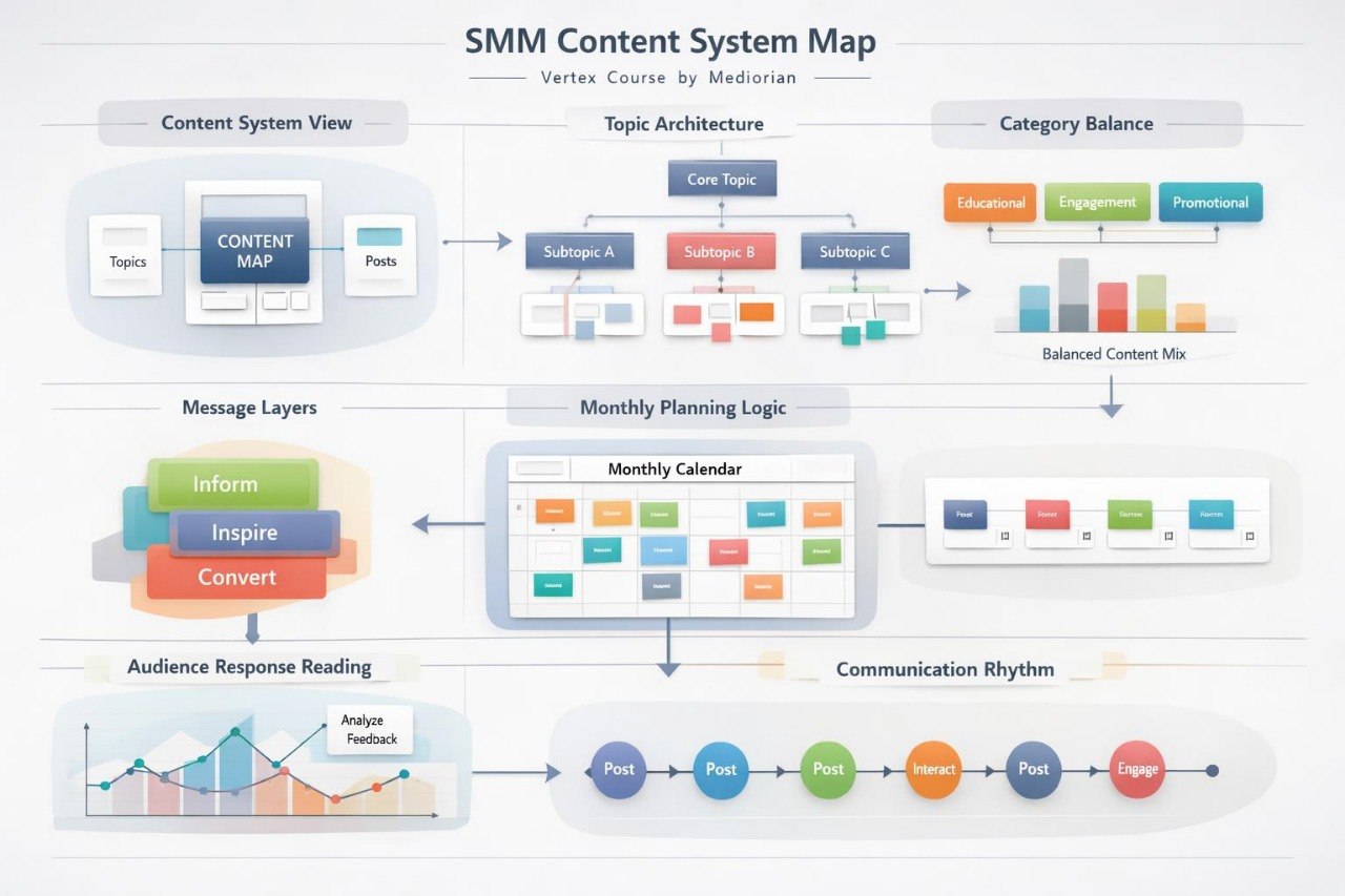 SMM Content System Map diagram with various components and flowcharts.