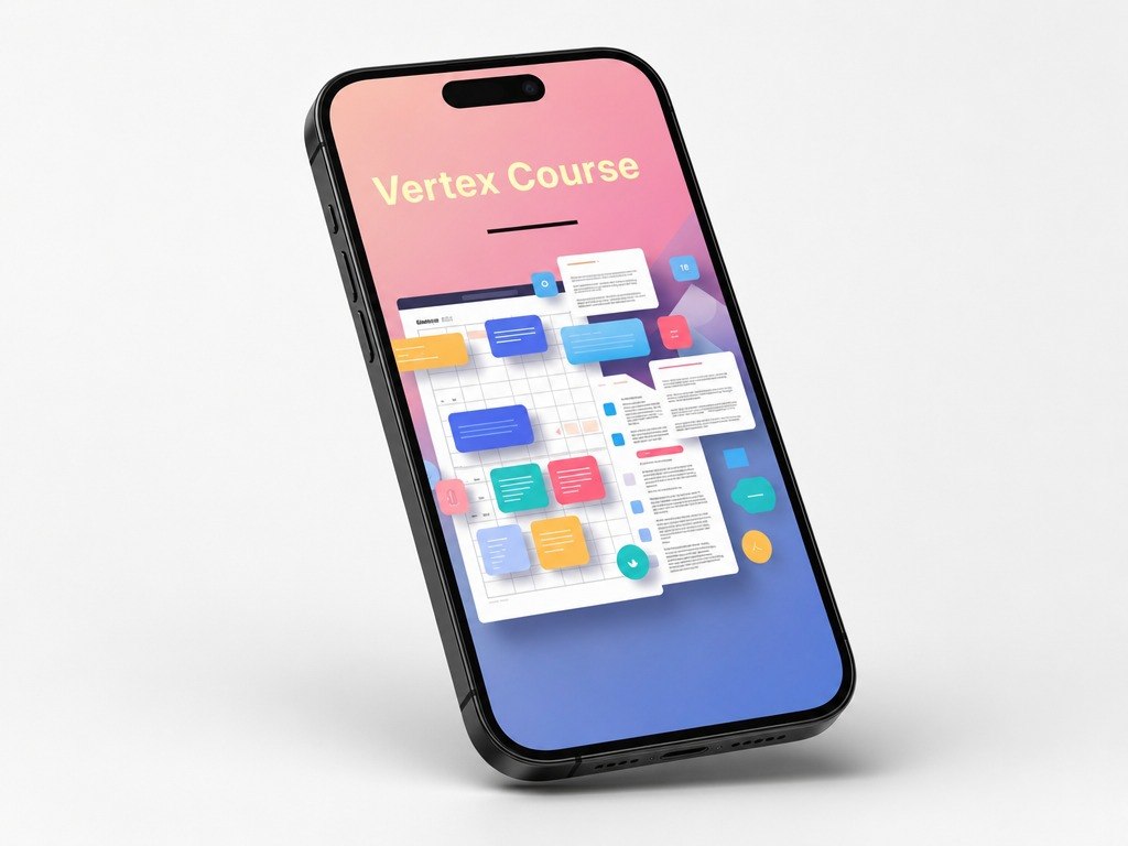 Phone displaying a colorful interface with 'Vertex Course' text on a gradient background