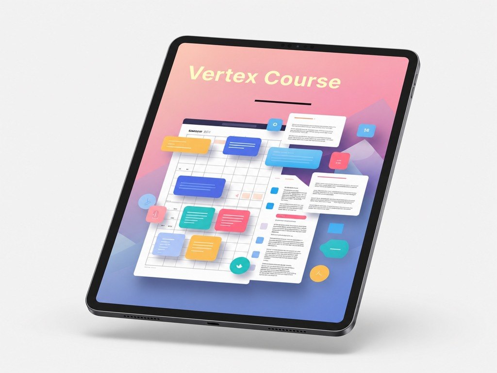 Tablet displaying a colorful interface with 'Vertex Course' on a light gray background