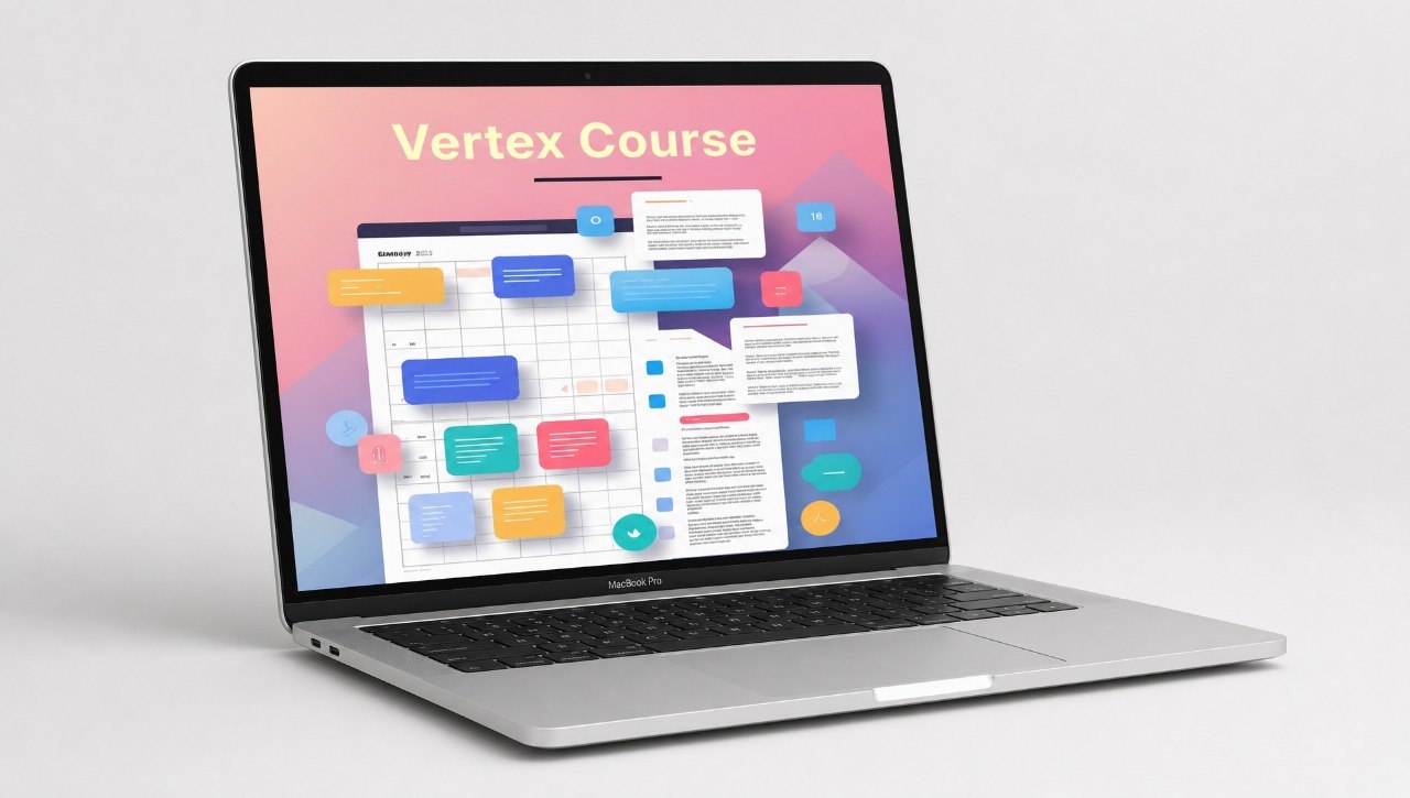 Laptop displaying a colorful interface with 'Vertex Course' on a light gray background